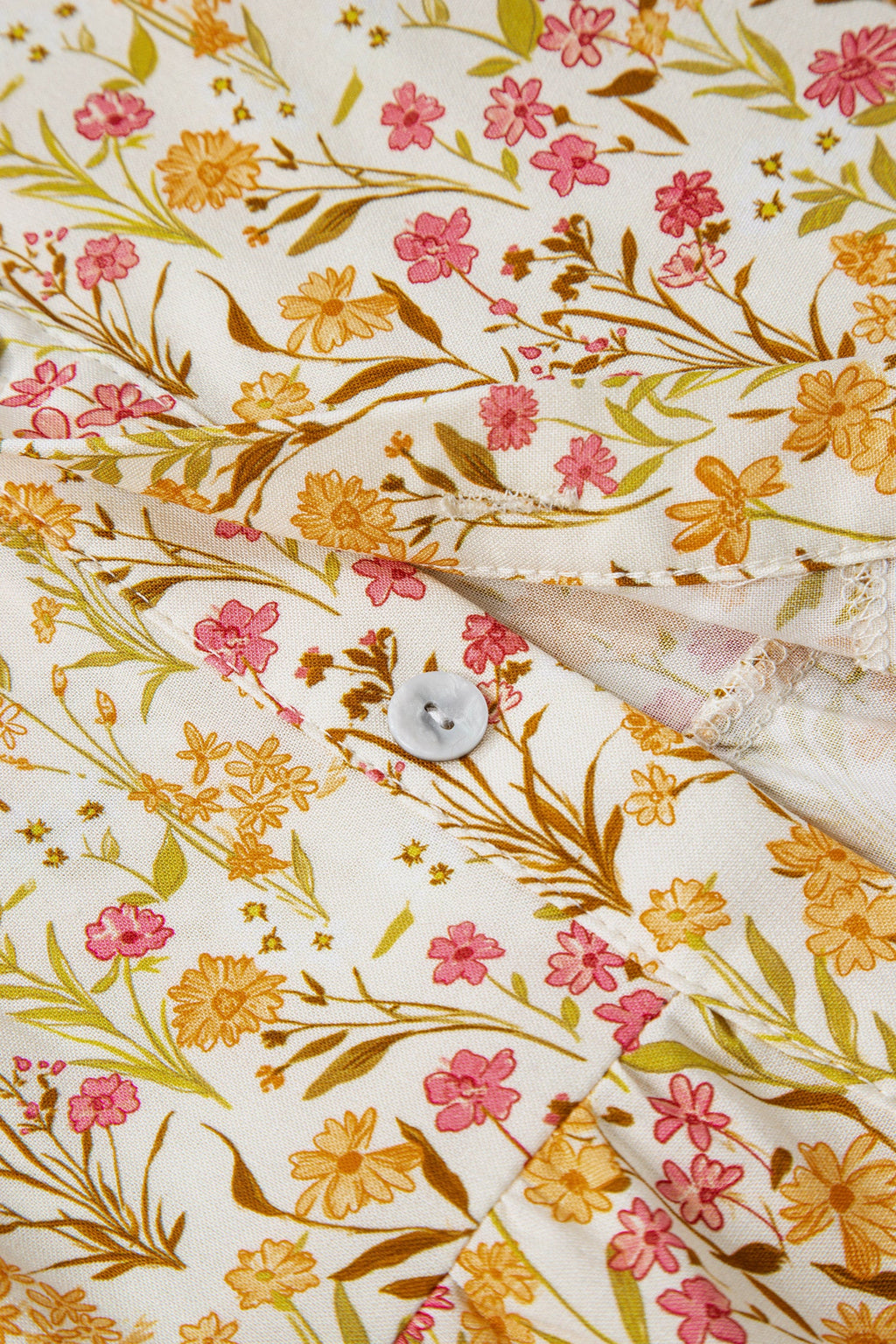 Yellow Floral Print Frilly Trim Smocked Cuff Long Sleeve Shirt Dress