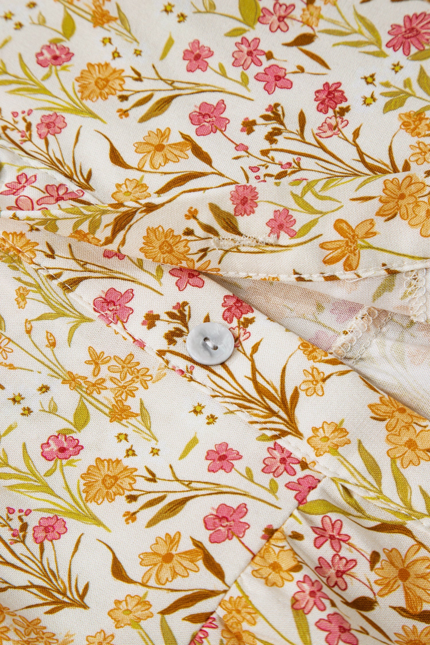 Yellow Floral Print Frilly Trim Smocked Cuff Long Sleeve Shirt Dress