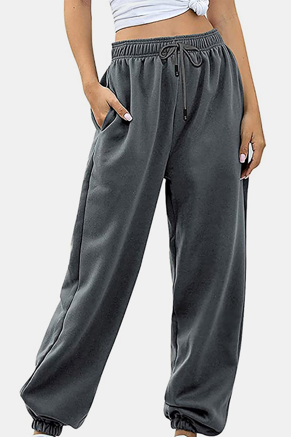 Women's Black Elastic Waist Jogger Pants with Side Pockets - Image 14