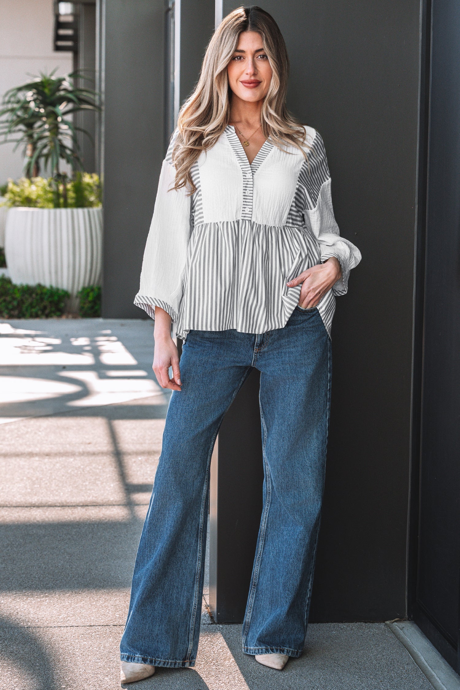 Zahra Striped Cotton Babydoll Blouse with Bracelet Sleeves