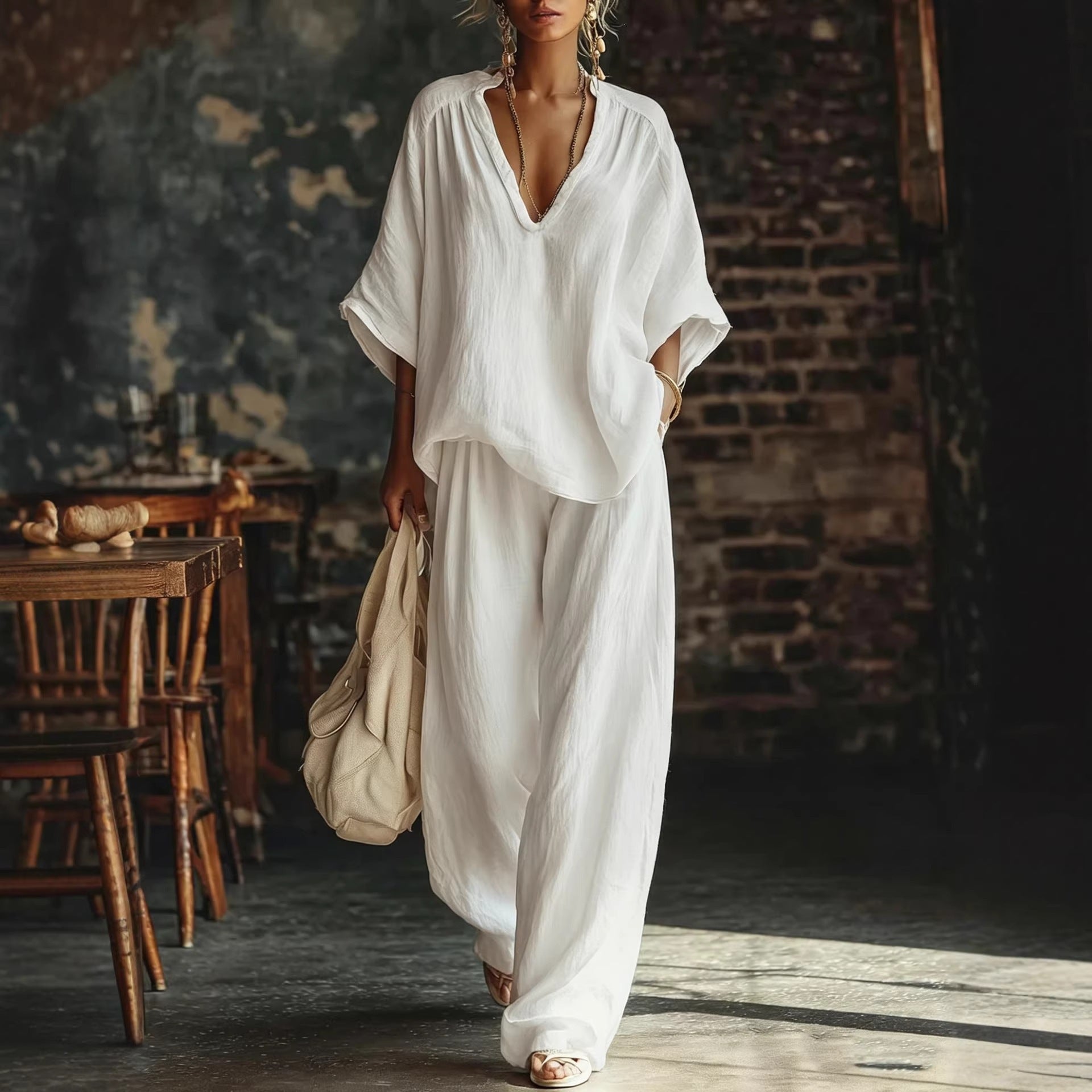 V-Neck Short Sleeve Top and Wide Leg Pants Two-Piece Set - Image 3