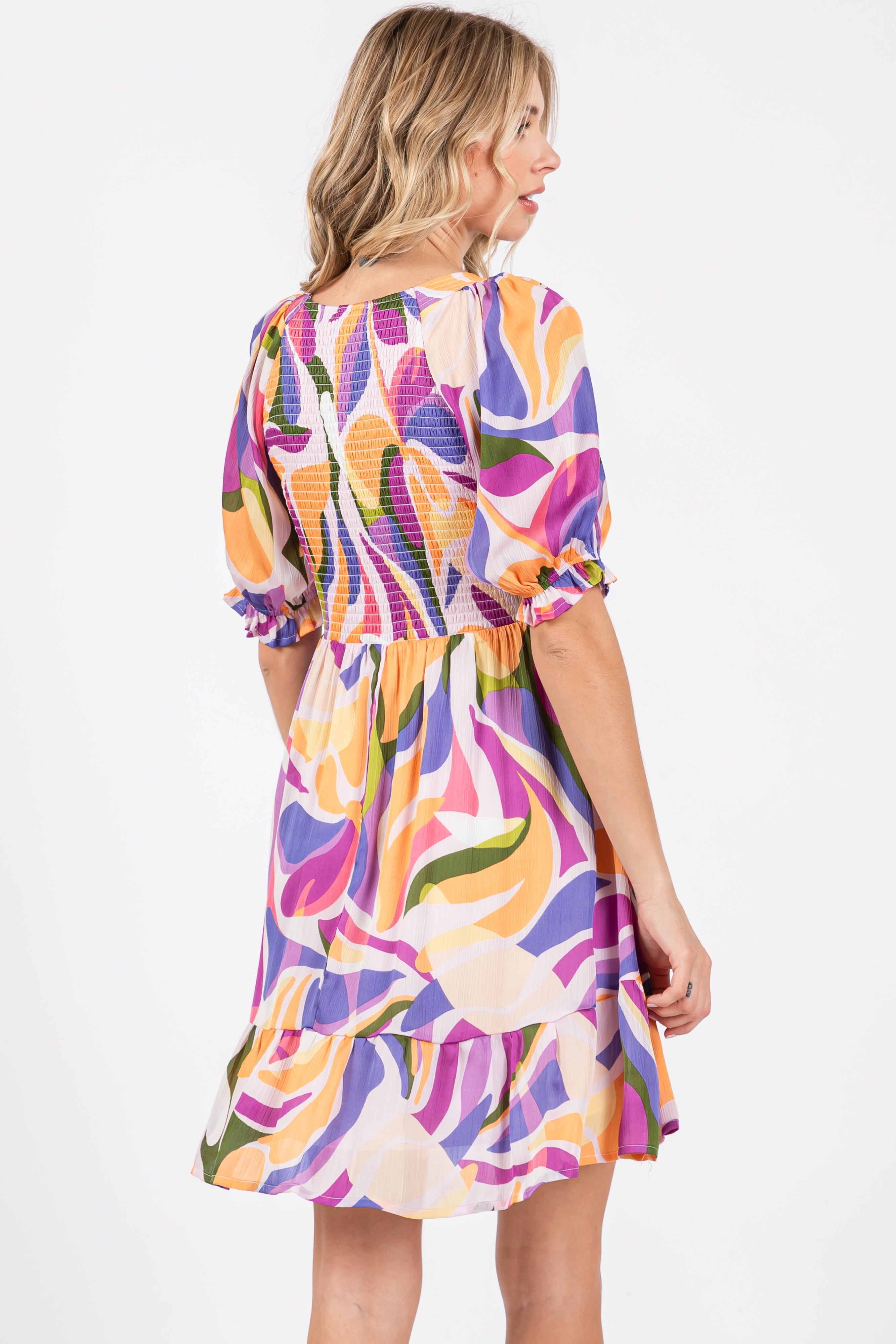 Lavender Abstract Print Smocked Dress