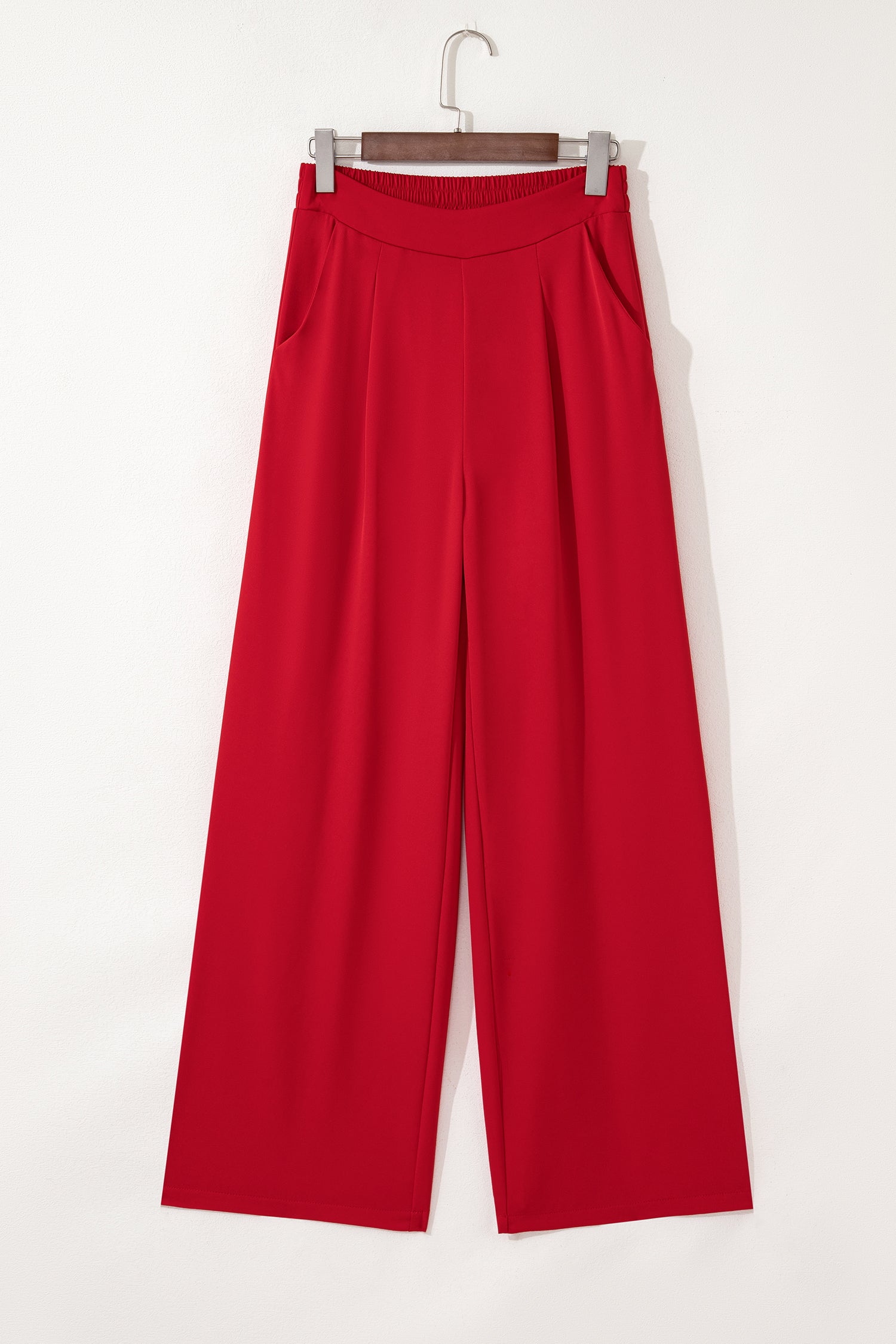 Fiery Red Pleated High Waist Pull On Loose Straight Pants