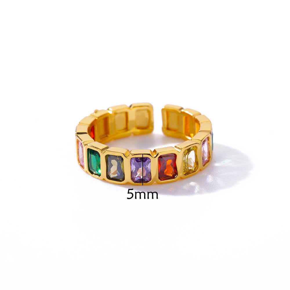 Womens Colorful Square Zircon Inlaid Open-End Ring