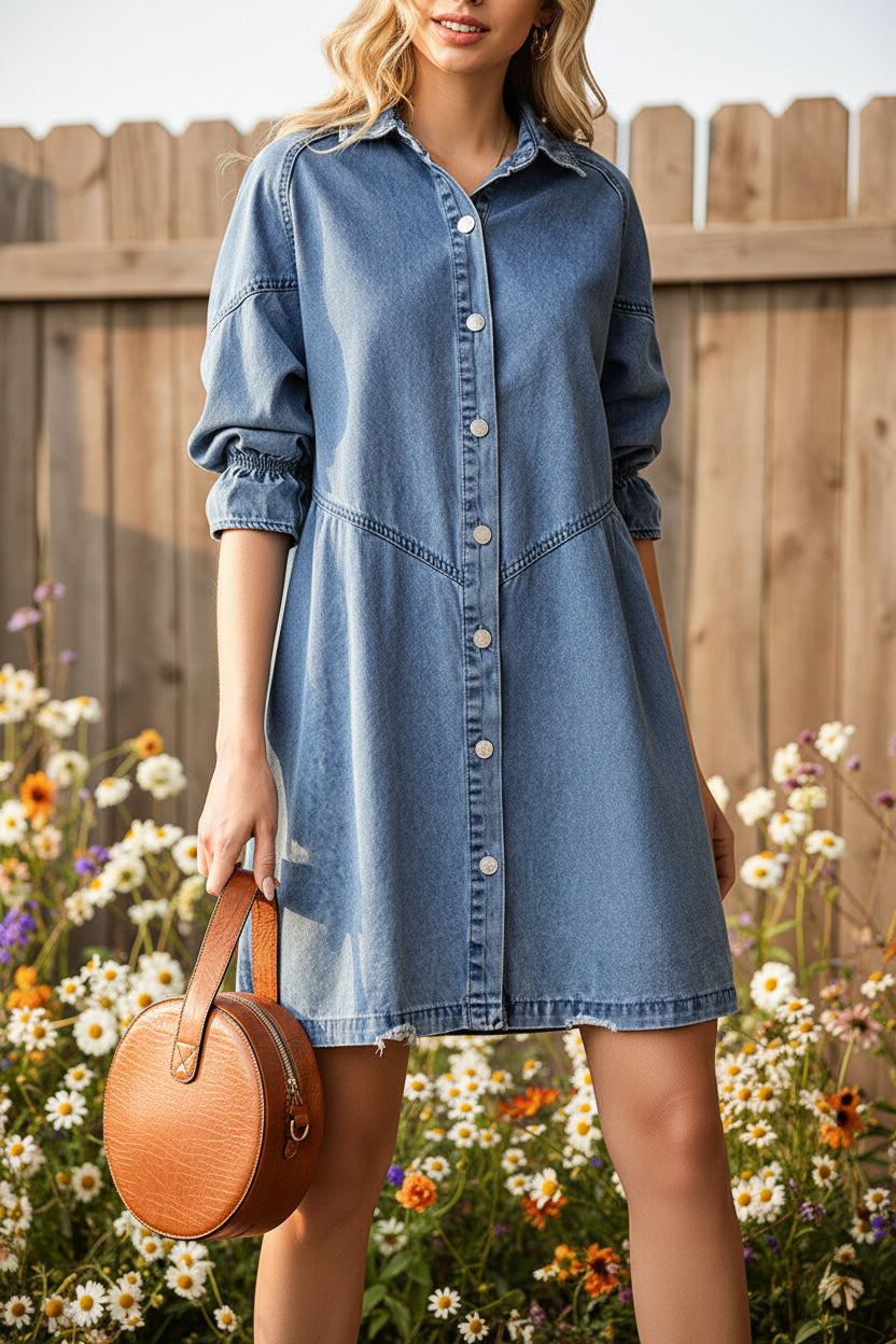 Women's Denim Mid-Length Dress with Three-Quarter Sleeves