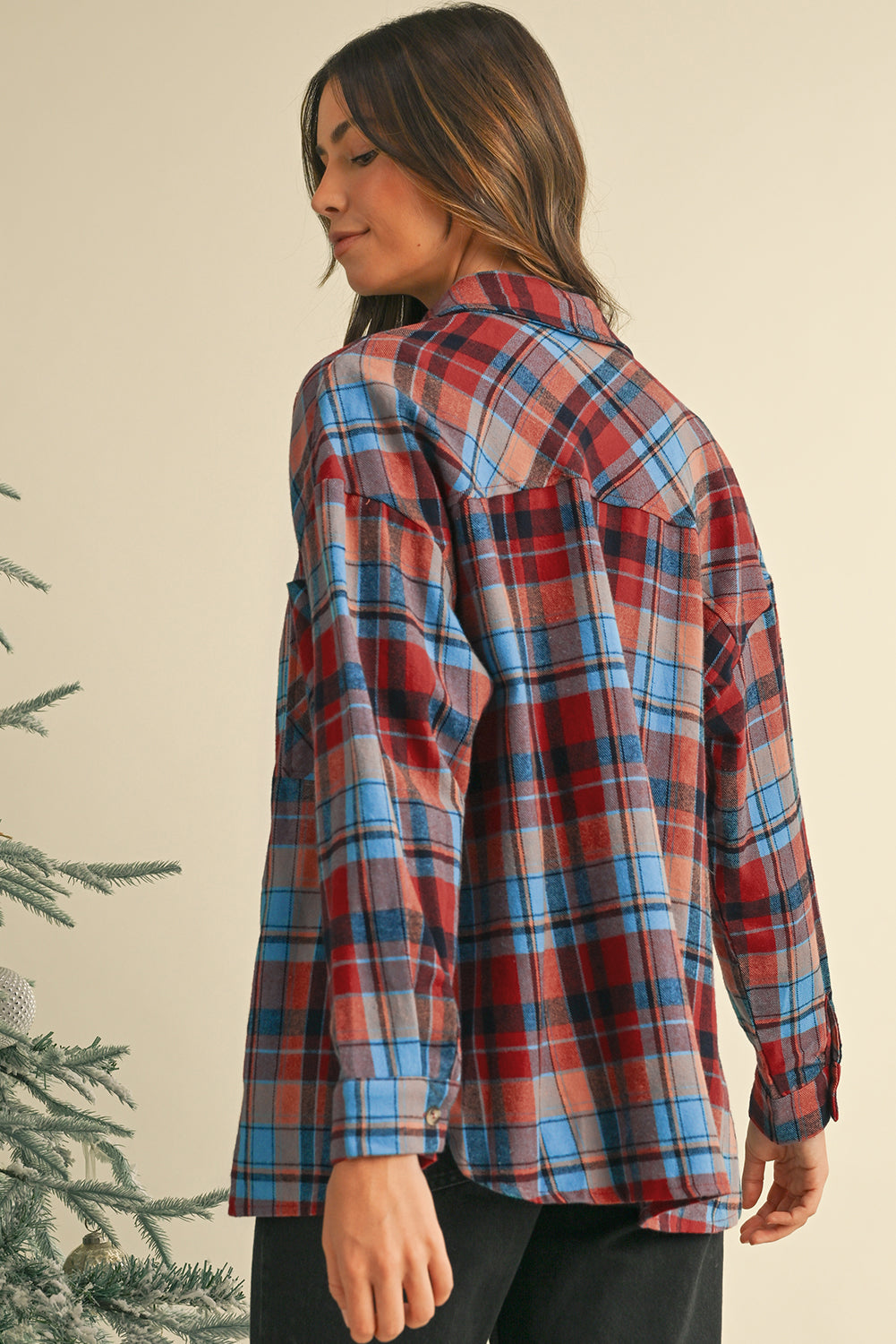 Women's Red Plaid Print Drop Sleeve Loose Shirt Casual Top