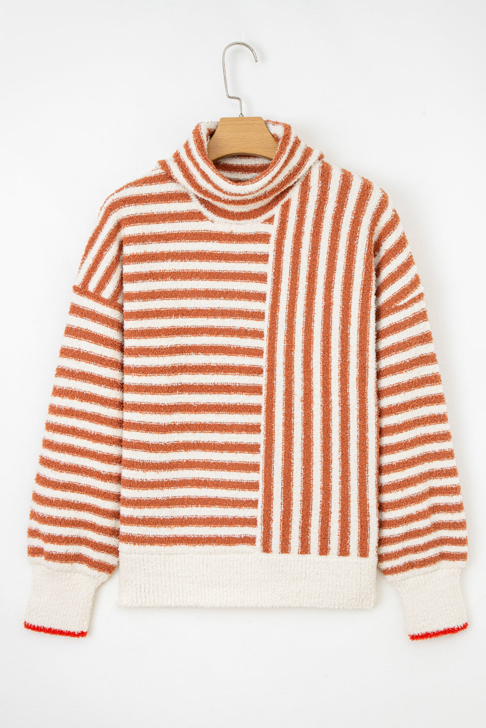 Women's Striped Cowl Neck Drop Shoulder Sweater in Rust and Cream