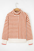 Women's Striped Cowl Neck Drop Shoulder Sweater in Rust and Cream