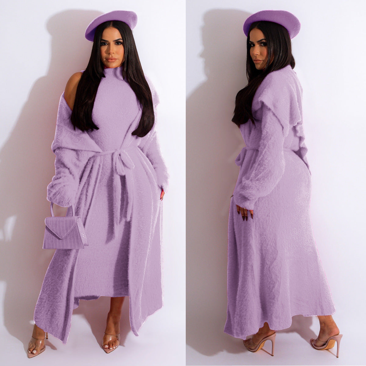 Minimalist Velvet Two-Piece Dress and Long Cardigan Set