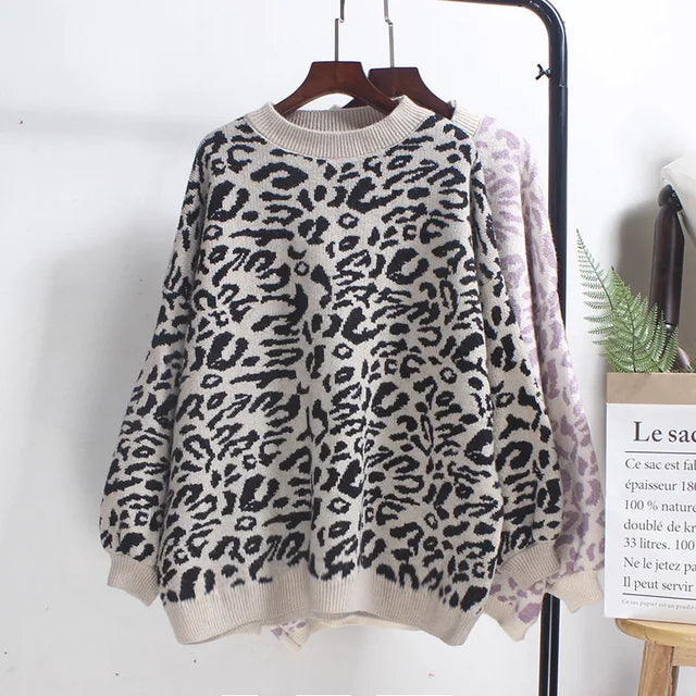 Women's Lavender Leopard Print Oversized Crew Neck Sweater - Image 4