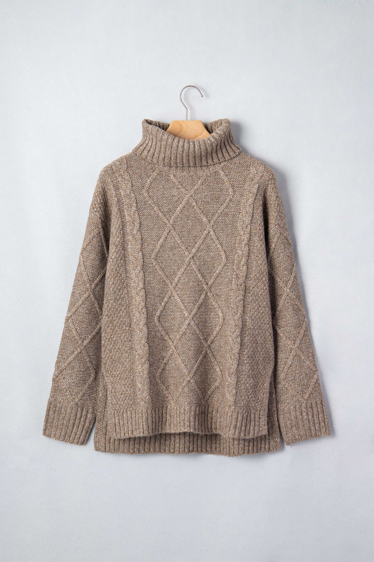 Solid Cable Knit Turtleneck Split Hem Sweater