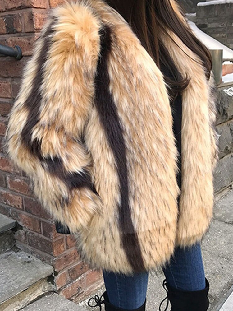Women's Harajuku Style Faux Fur Coat with Mixed Color Stripes - Image 9