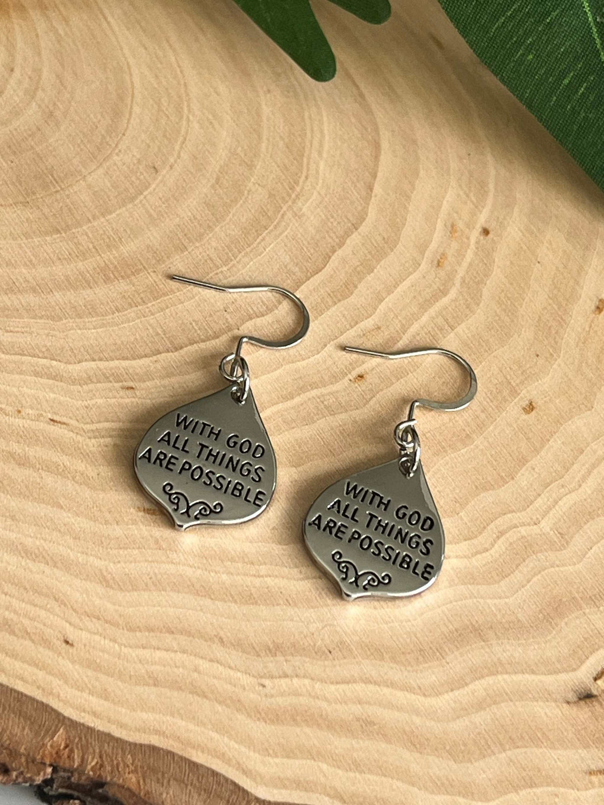With God All Things Are Possible Silver Drop Earrings Religious