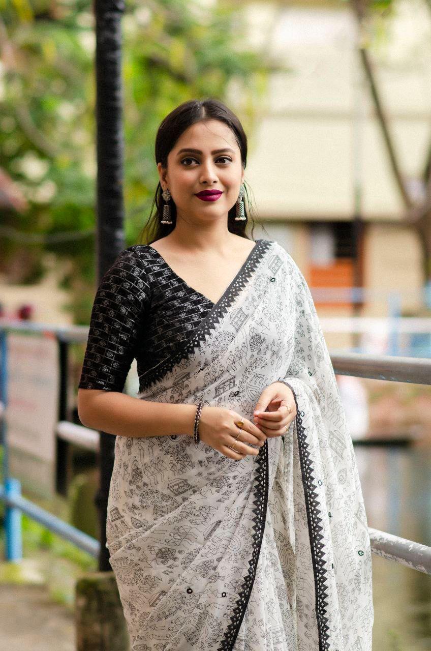 Black Pure Georgette Warli Saree with Tie & Dye Silk Blouse