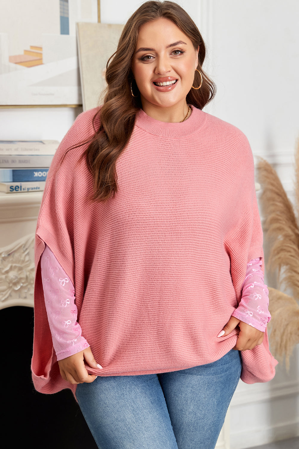 Plus Size Ribbed Knit Crewneck Poncho Sweater