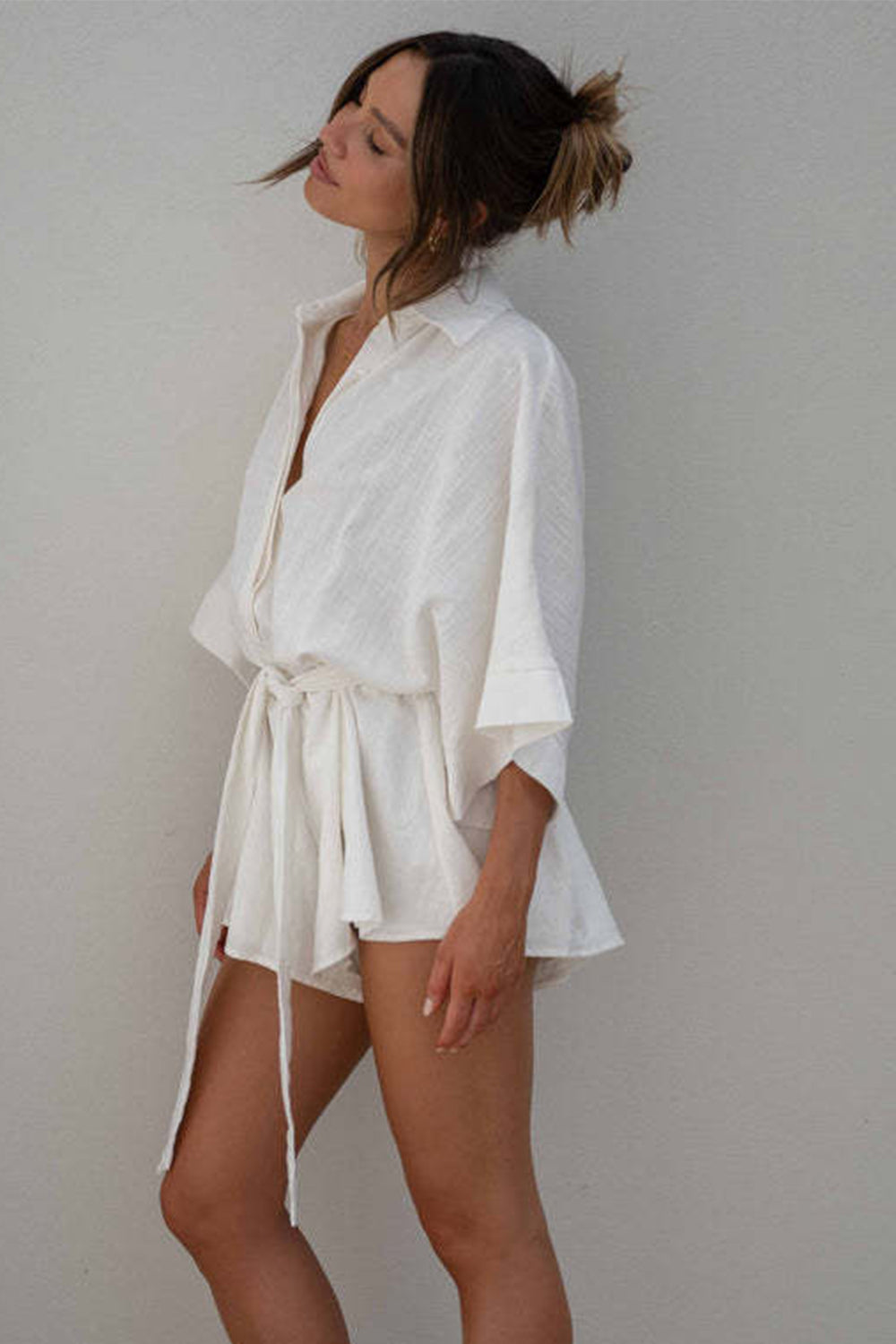 Tied Button Up Collared Neck Mini Romper | Cotton