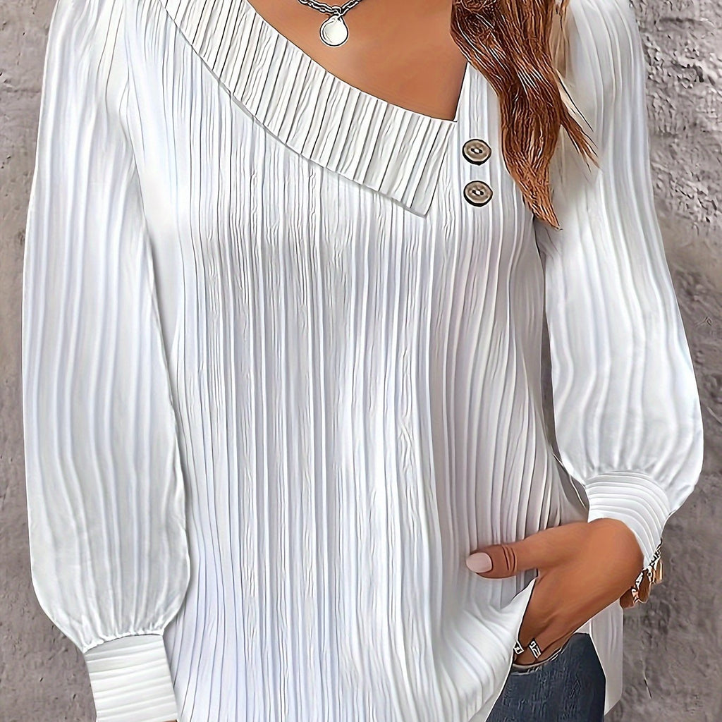 Chic Plus Size V-Neck Blouse Decorative Buttons Glossy  Top