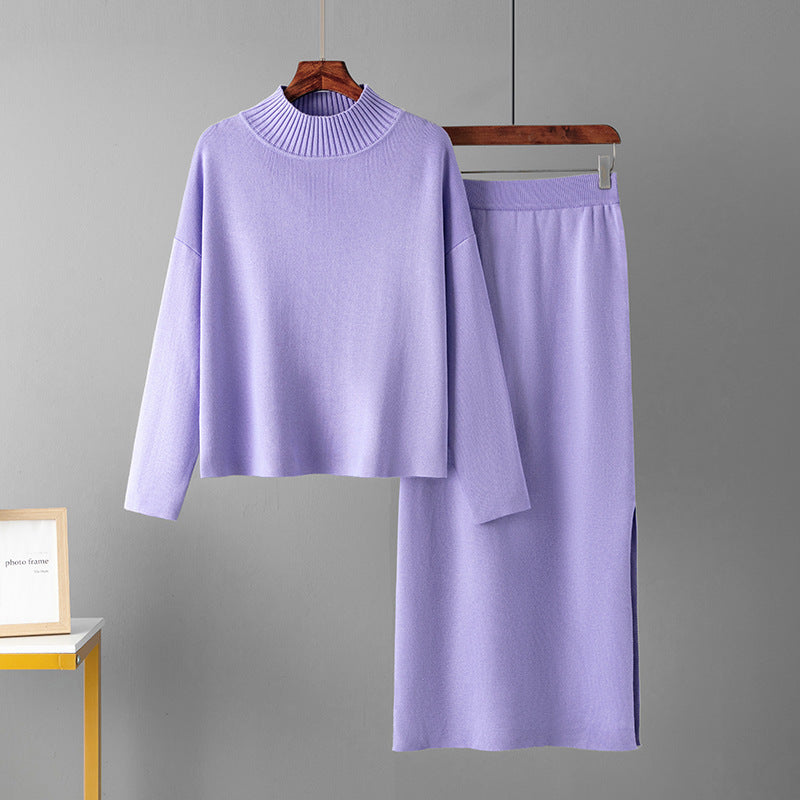 Woman wearing a solid color two-piece cotton sweater set in a casual style