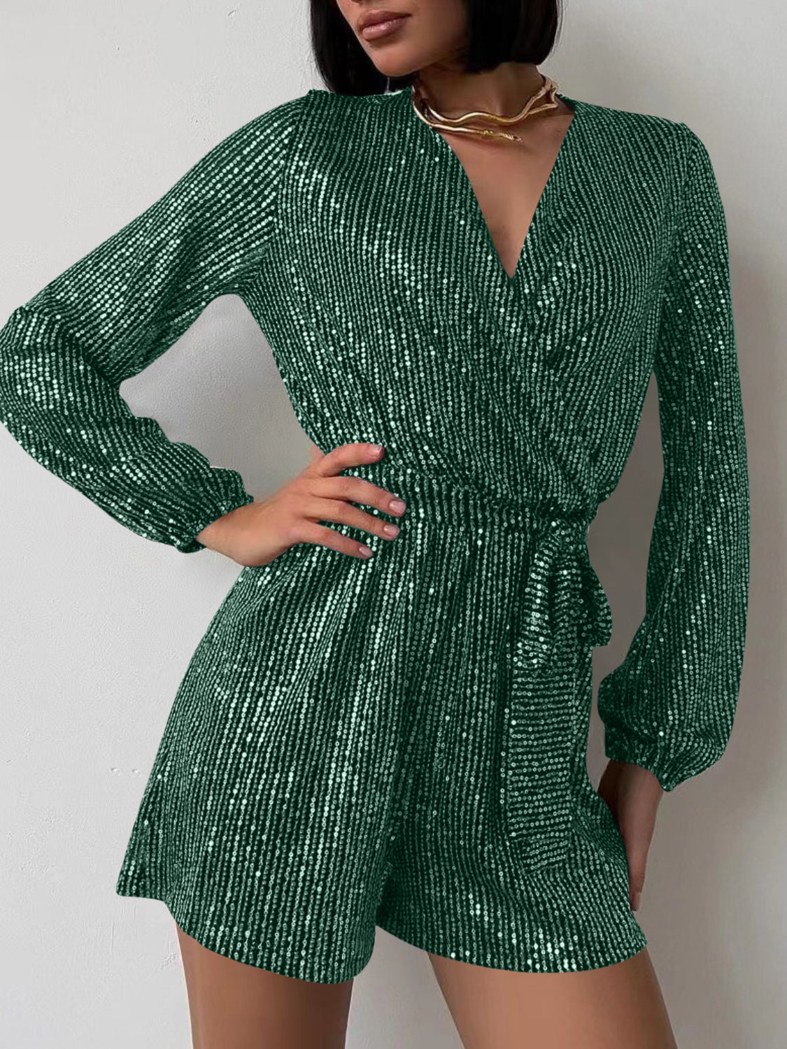 Sequin Surplice Tie Waist Long Sleeve Mini Romper