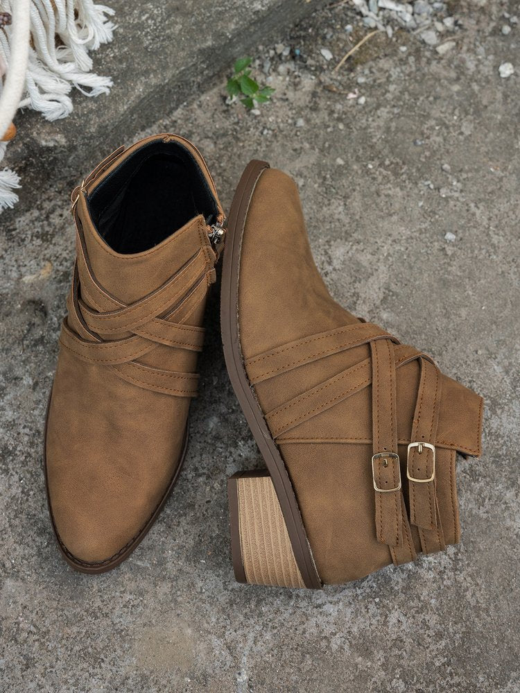 Women's Retro Buckle Ankle Boots Chic Suede Stacked Heel Booties
