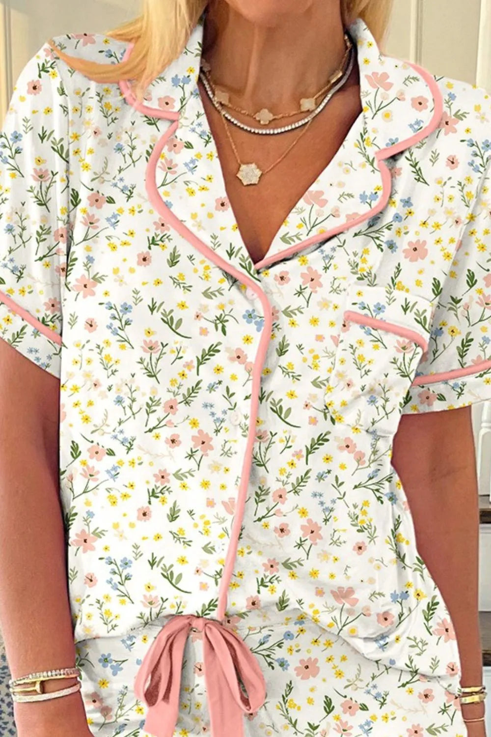 Printed Button Up Short Sleeve Top and Shorts Lounge Set