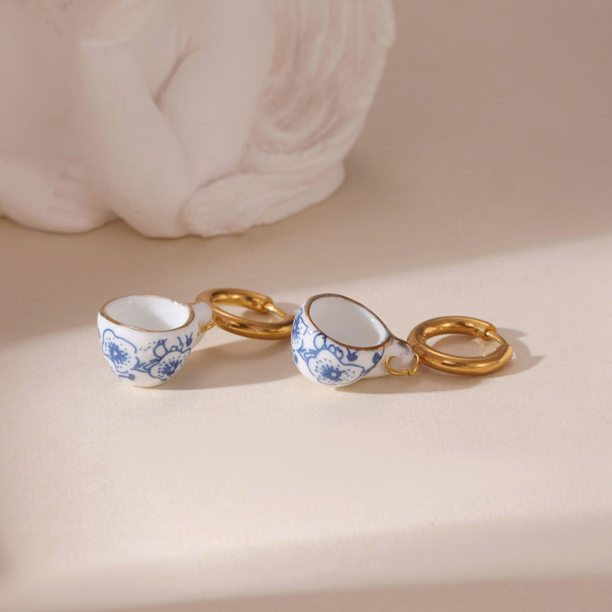 Blue and White Porcelain Dainty Drop Earrings 18K Gold Plated