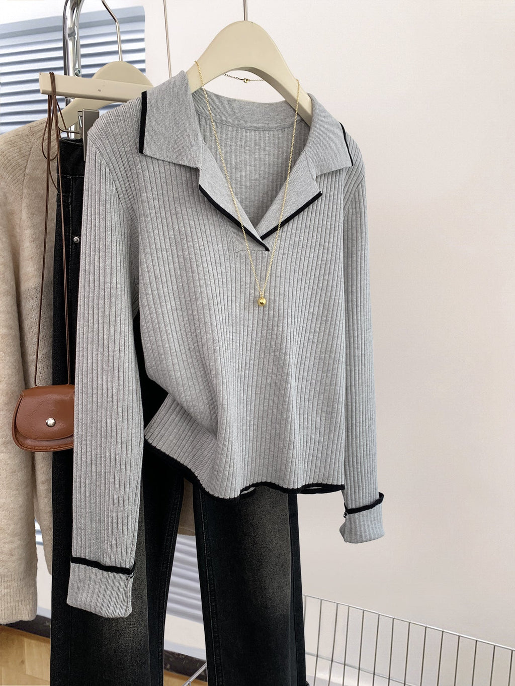 Women's Grey Ribbed Knit Polo Shirt Long Sleeve Slimming Top - Image 5