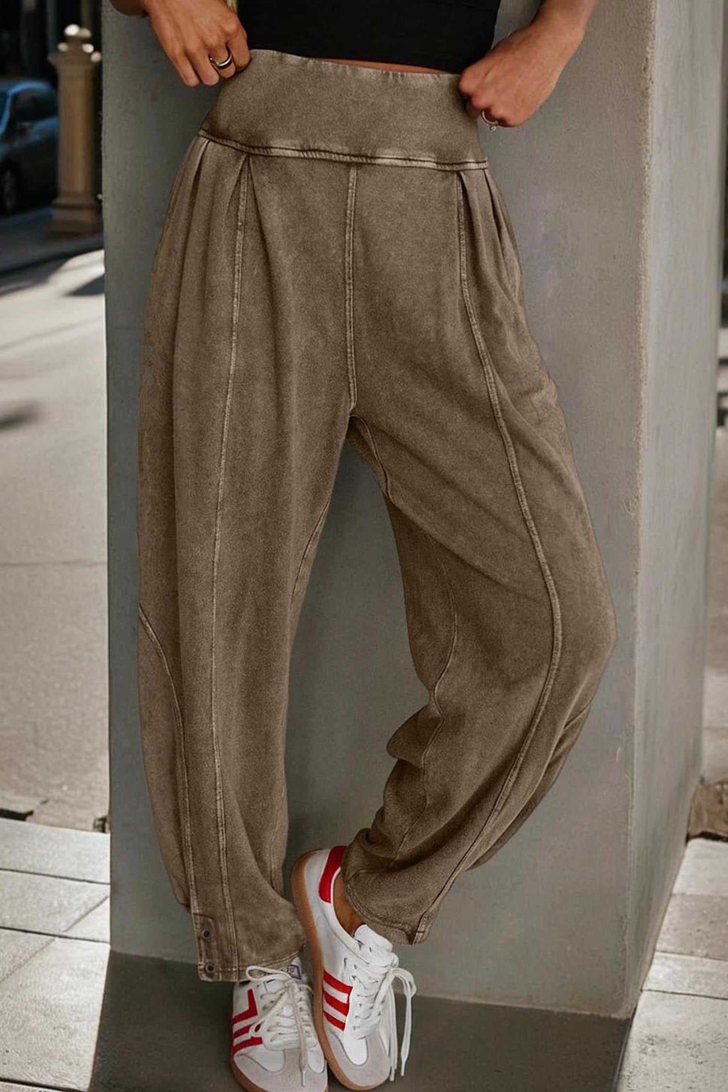 Pretty Bash high-rise mineral wash jogger pants in earth-toned brown and grey, featuring a tapered silhouette and pull-on waist.