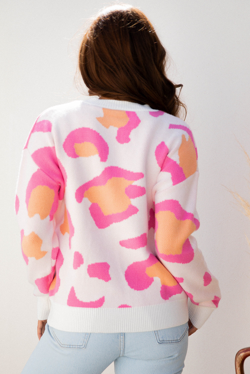 Women's Leopard Print Drop Shoulder Sweater in White, Pink, Orange