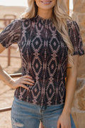 Brown Aztec Print Mock Neck Short Sleeve Mesh T-Shirt
