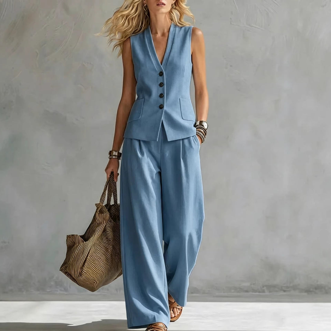 A woman wearing a light blue button-down vest and matching wide-leg pants, paired with a handbag and sandals.