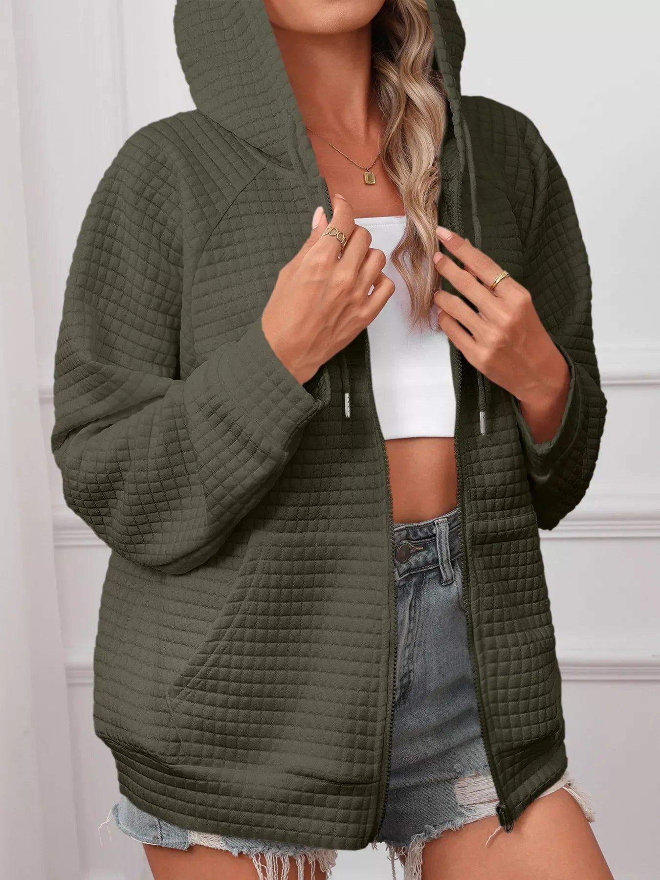 Full Size Textured Quilted Zip-Up Hooded Jacket Plus Size