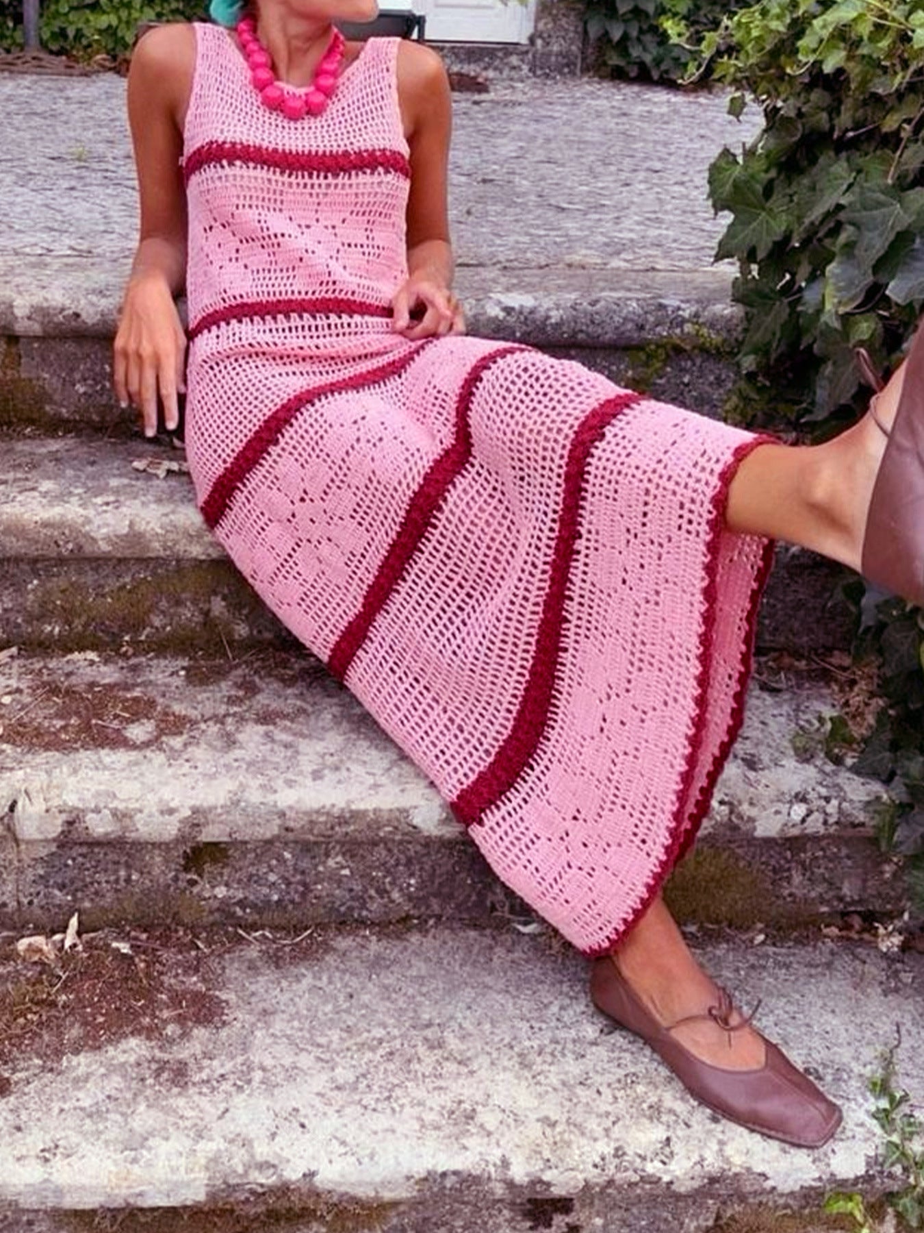 Knitted Contrast Color Hollow Vest Dress – Sleeveless Long Skirt