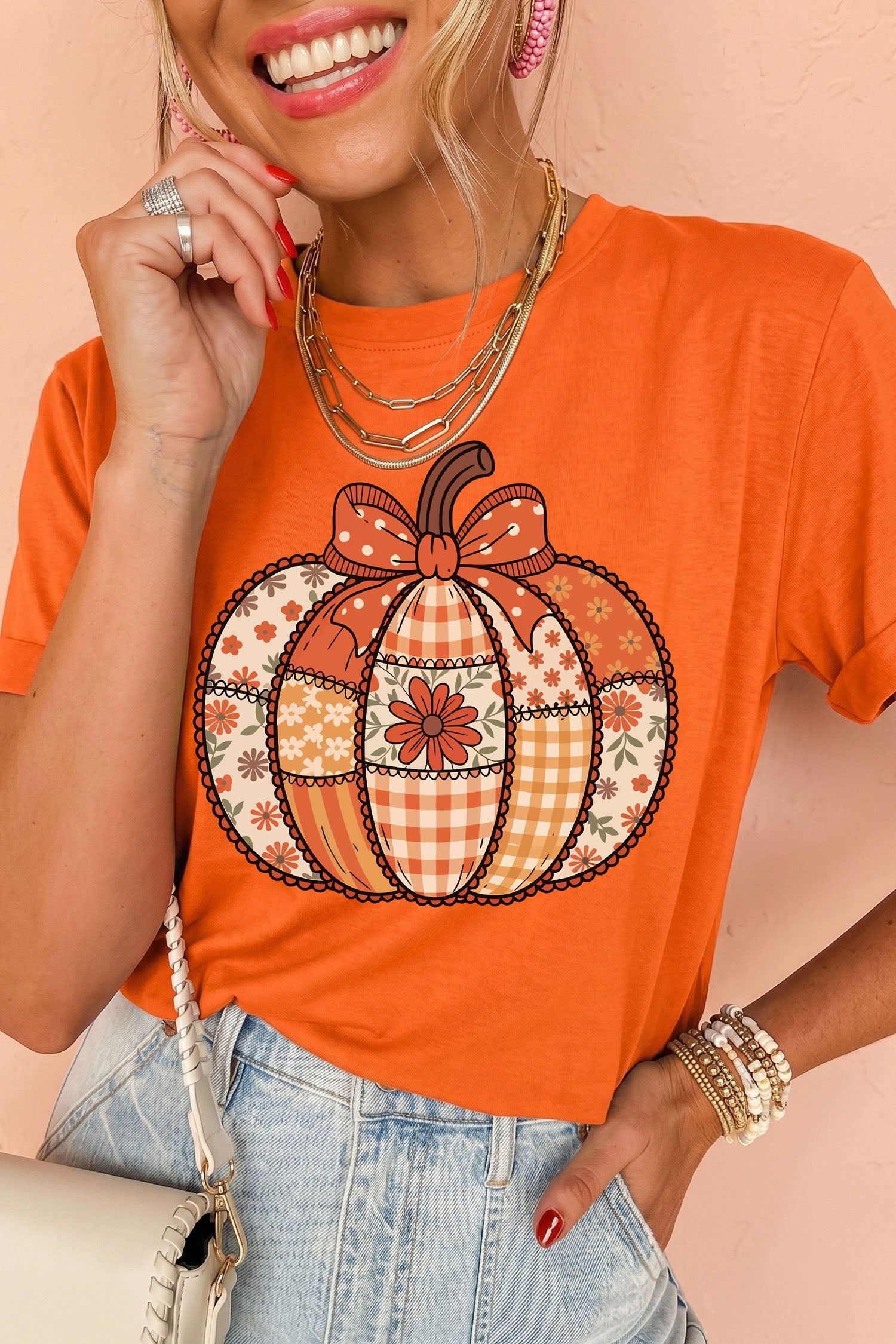 Orange Patchwork Pumpkin Graphic Print Crewneck  T-Shirt