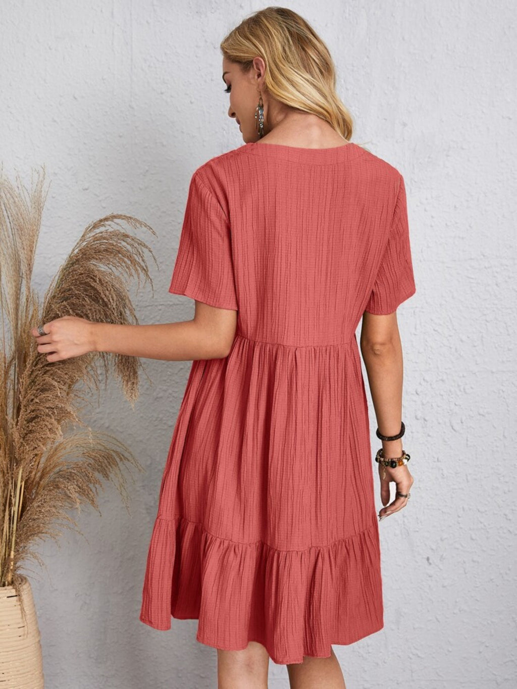 Classic V-Neck Short Sleeve Casual Midi Dress