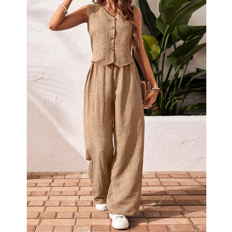 Women’s V-Neck Crop Vest and Wide-Leg Pants Matching Set