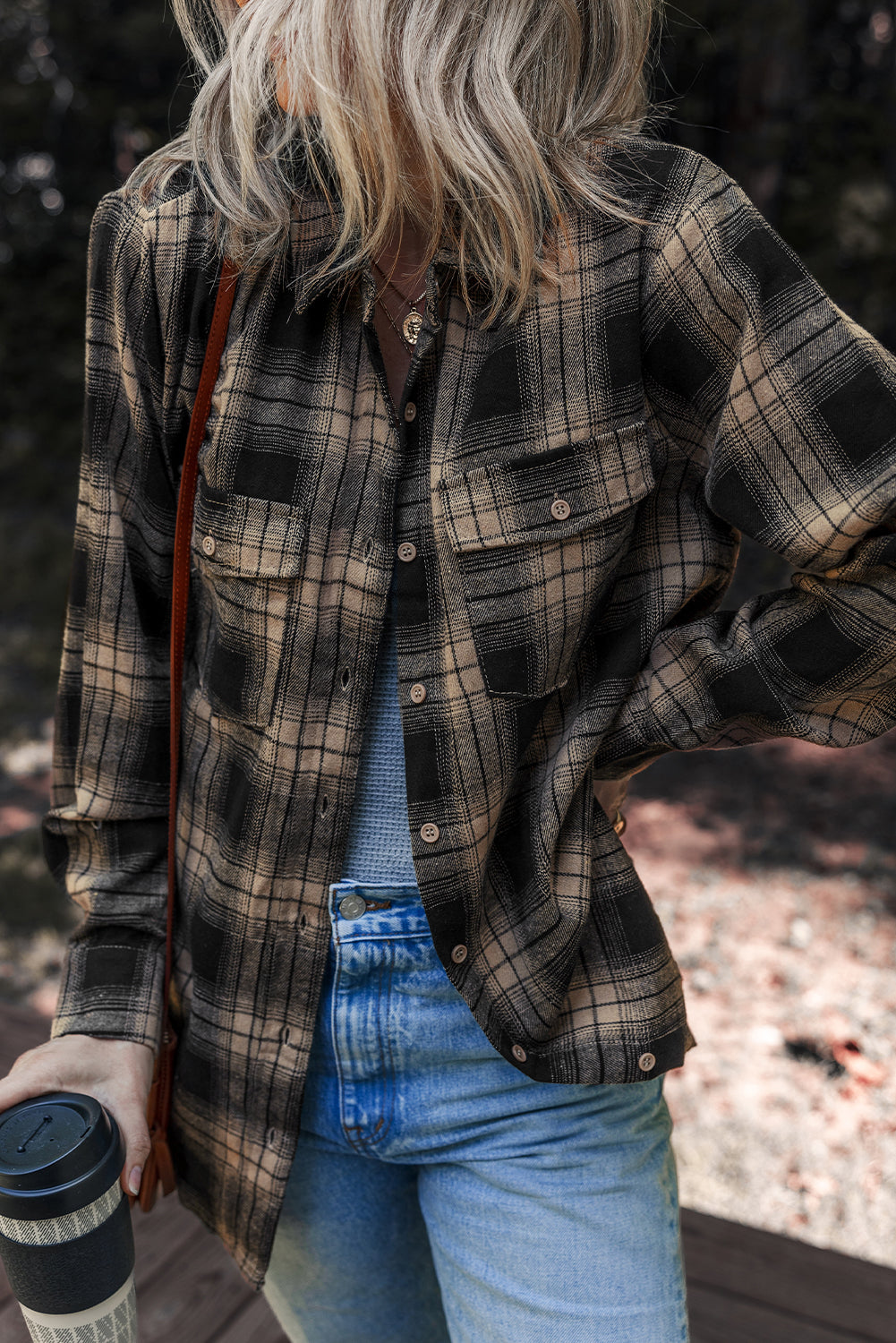 Women's Plaid Brushed Shacket in Tan and Black - Relaxed Fit