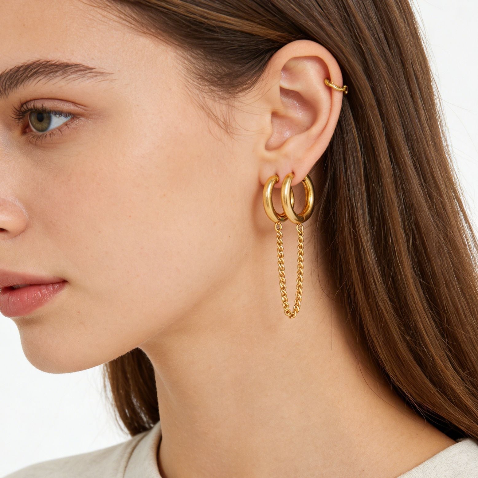 Double Hoop Tassel Earrings in Polished Stainless Steel