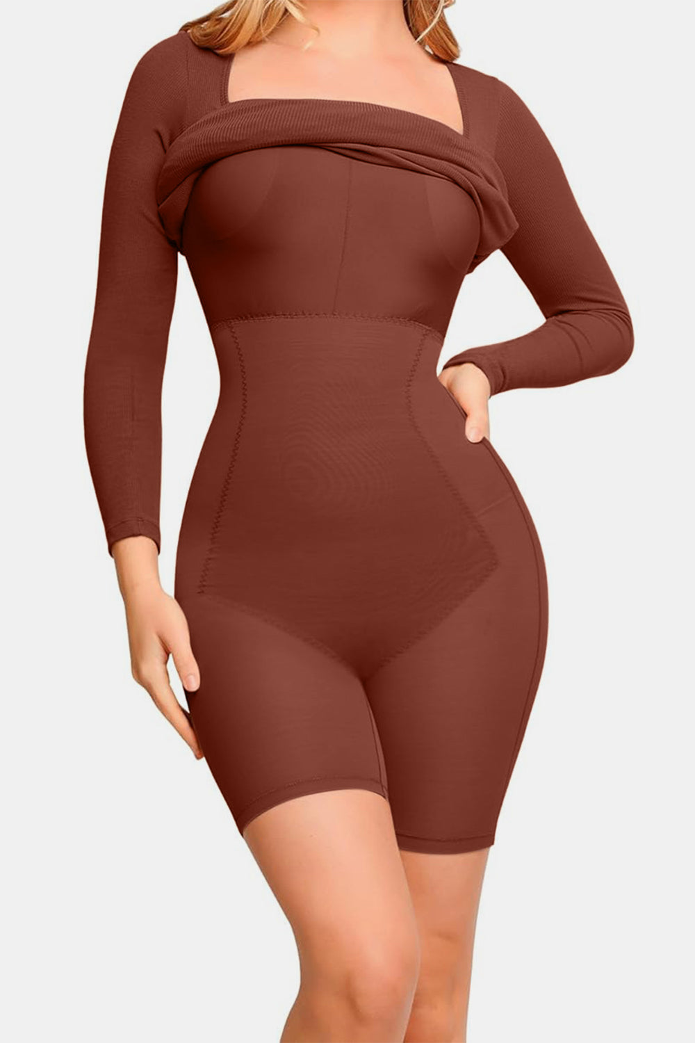 Black Square Neck Long Sleeve Sculpting Built-In Shapewear Dress