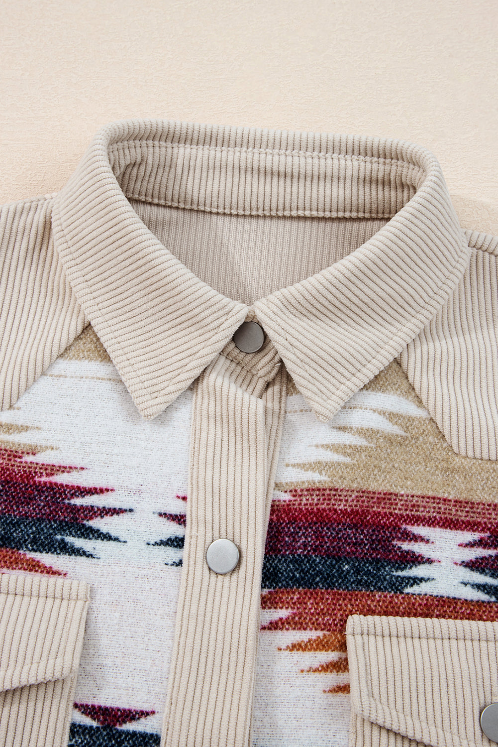 Western Aztec Corduroy Patchwork Pocketed Shacket
