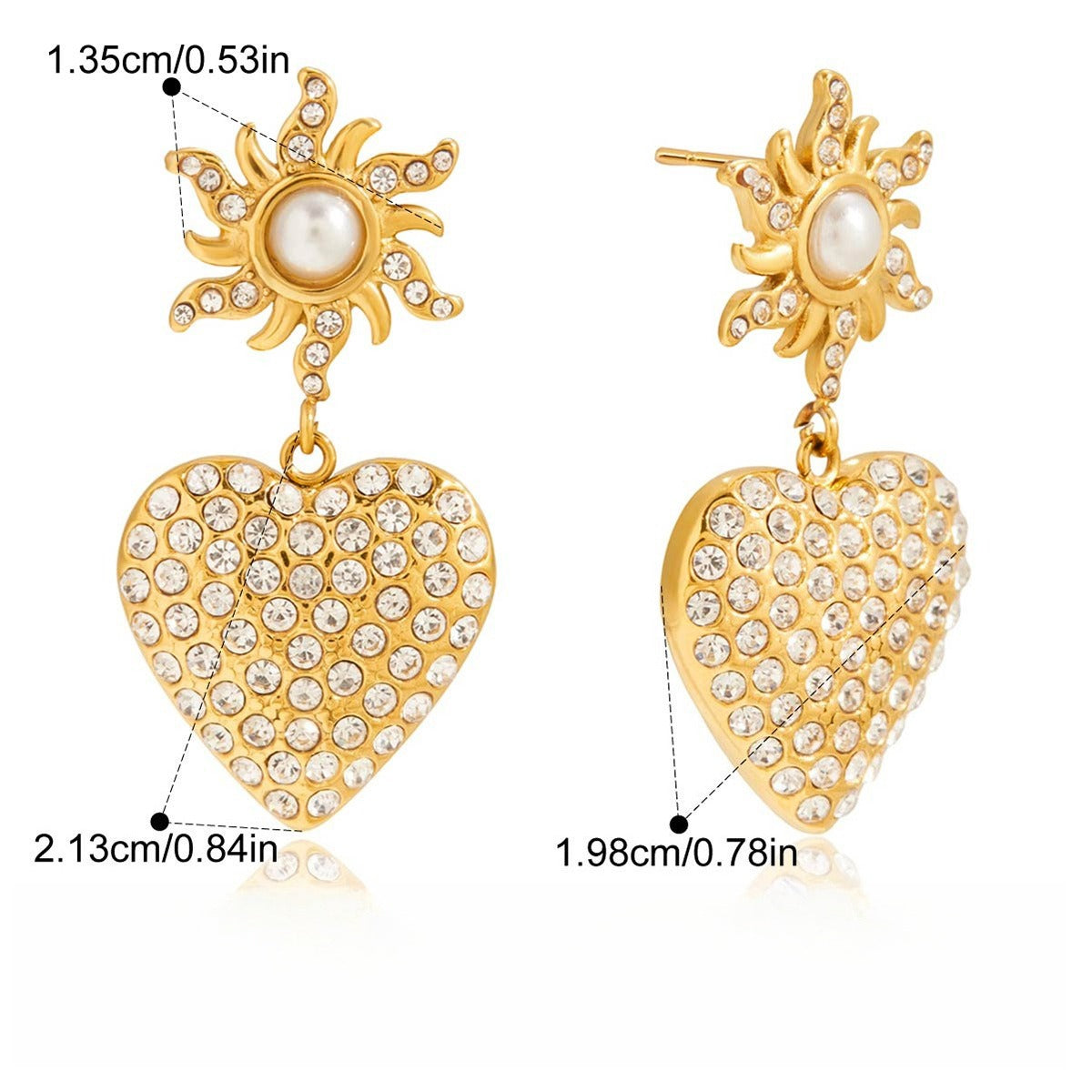 18K gold heart-shaped stud earrings with center pearl and rhinestone border
