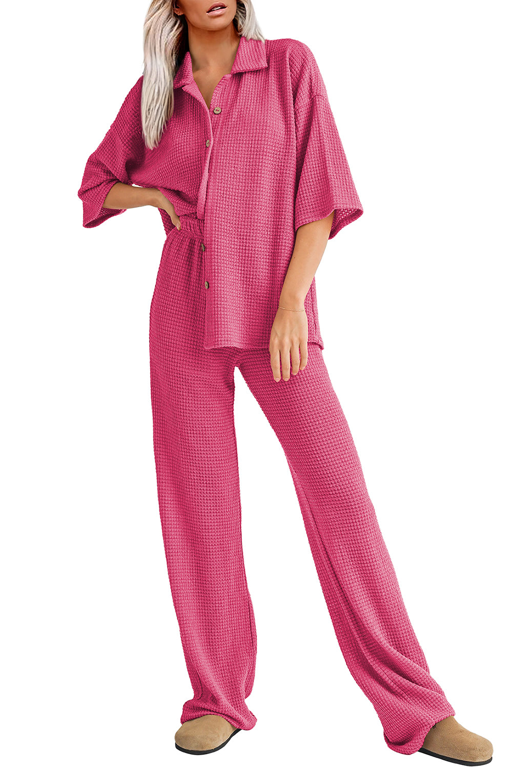 Rose Red Textured Buttoned Shirt & Pants Set