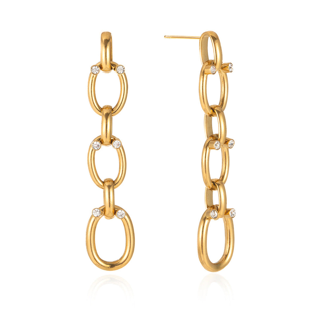 Elegant gold rhinestone chain tassel drop earrings with clear zircon accents