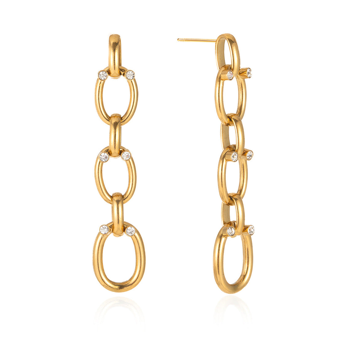 Elegant gold rhinestone chain tassel drop earrings with clear zircon accents