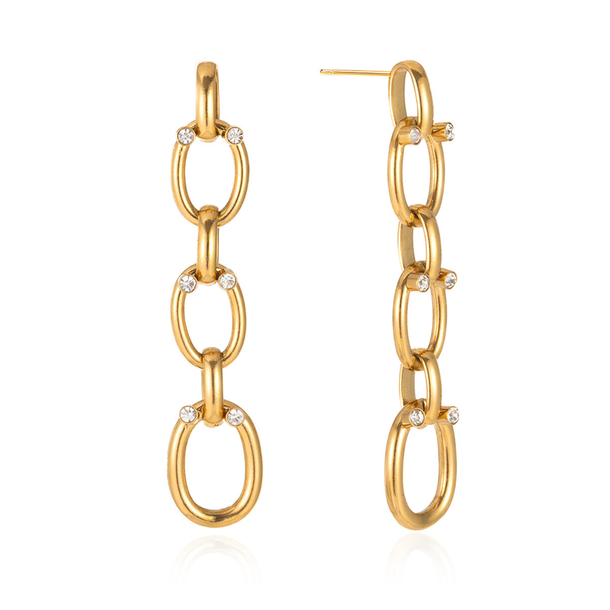 Elegant gold rhinestone chain tassel drop earrings with clear zircon accents