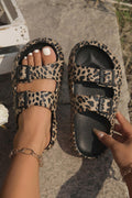 Women wearing leopard print Dahlia Buckle EVA slippers with adjustable black buckles