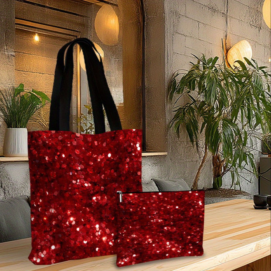 Red Glitter Tote  Makeup Bag Set