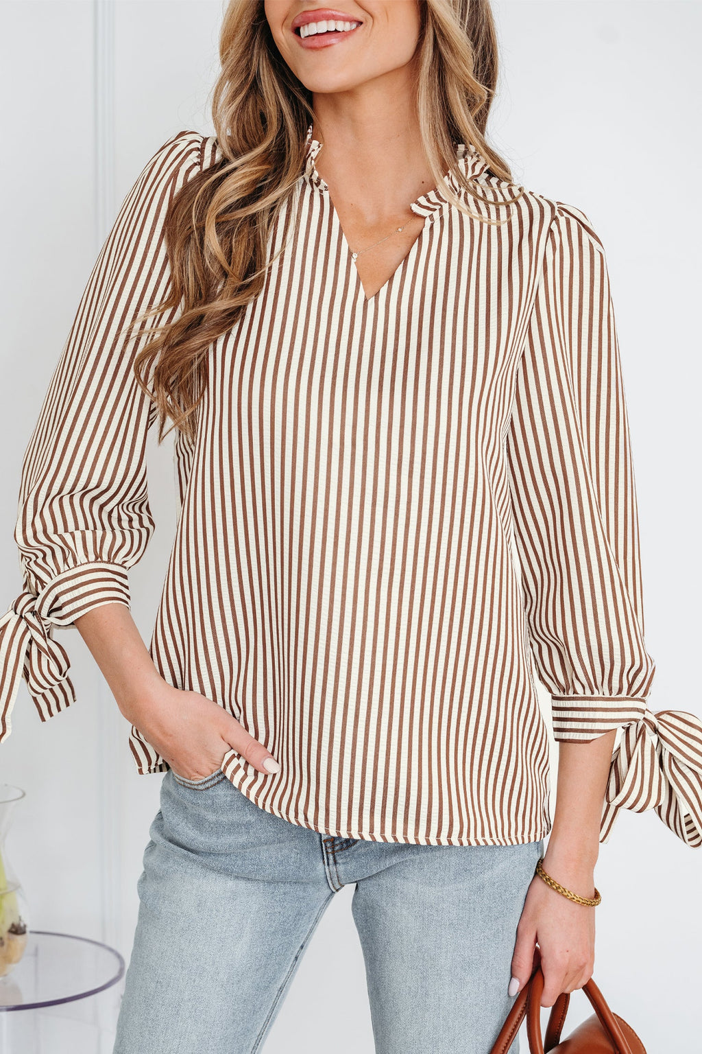 Blair Tied Cuffs Seersucker Blouse in Brown and White Stripe