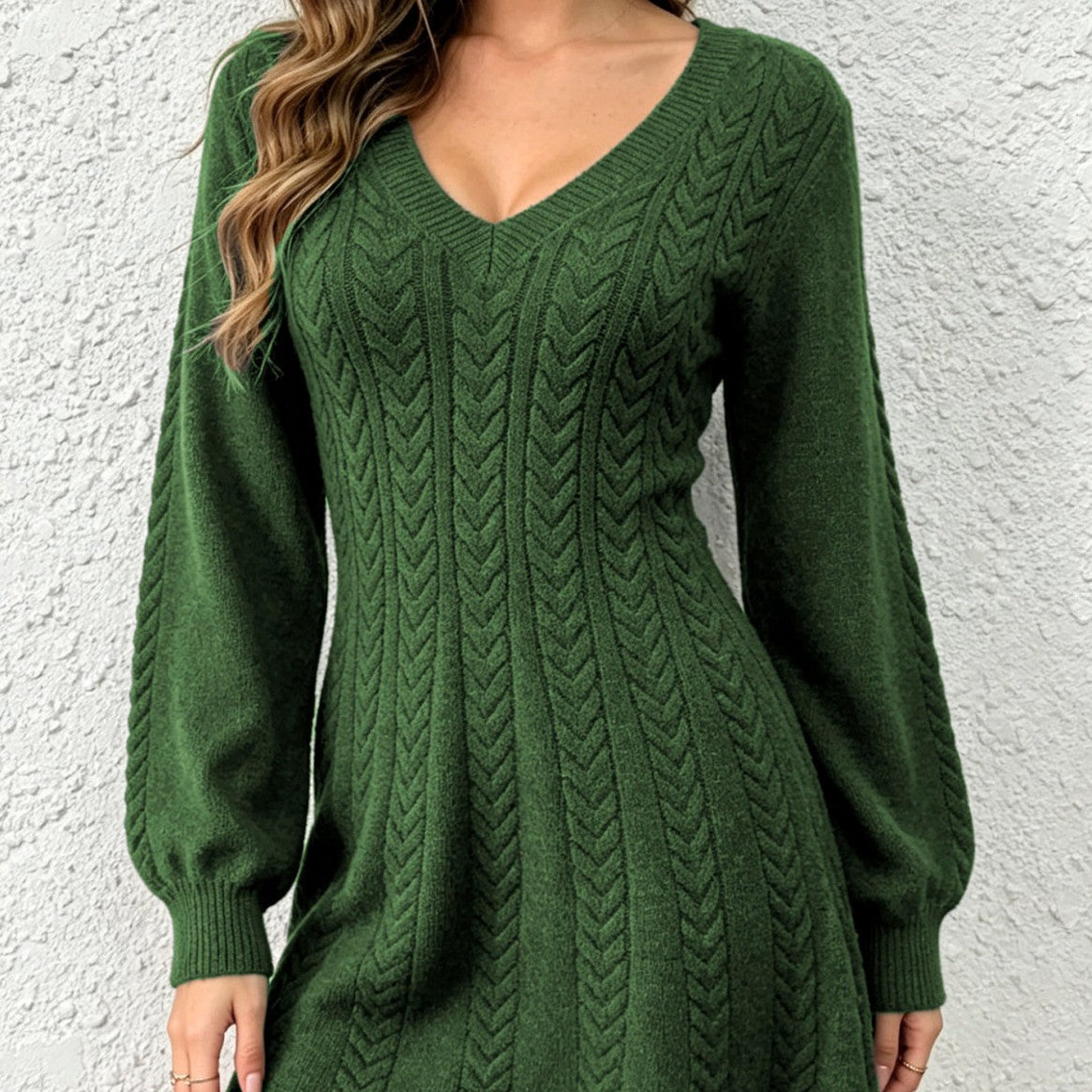 Women's V-Neck Cable-Knit Pullover Dress
