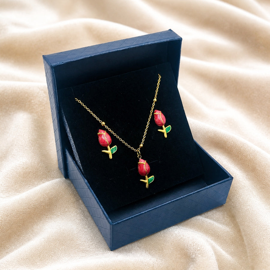 Gold Tone Enamel Tulip Flower Jewelry Set 2Pcs Women Pendant Necklace Stud Earrings Multi Color Floral Bud With Green Leaves Daily Party Dropshipping Gift